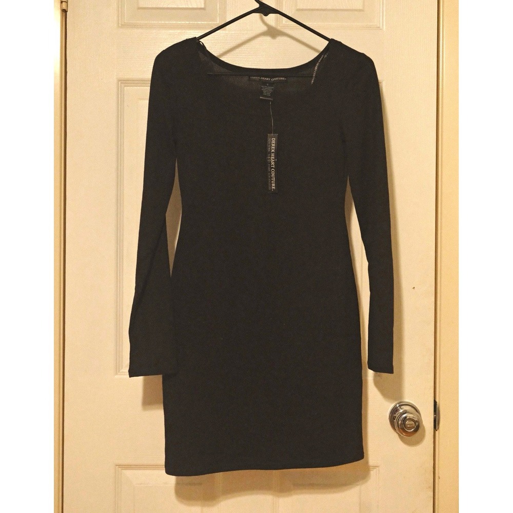 Derek Heart Couture Women's Black Bodycon Mini Scoop Neck Long Sleeve Dress S